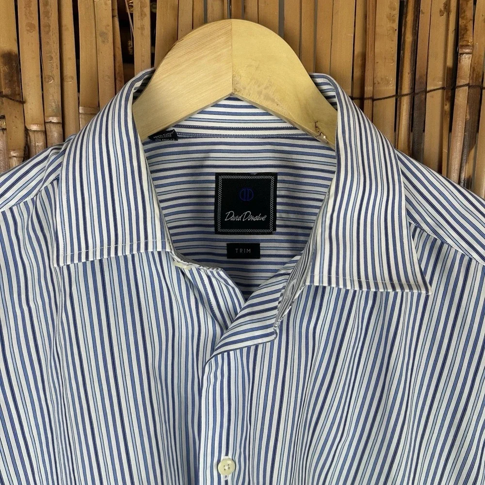 David‎ Donahue Trim Fit Men's Dress Shirt Long Sleeve Blue White 16.5 - 34/35